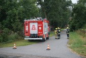 Strażacy zabezpieczali drogę z uwagi na możliwość porażenia prądem